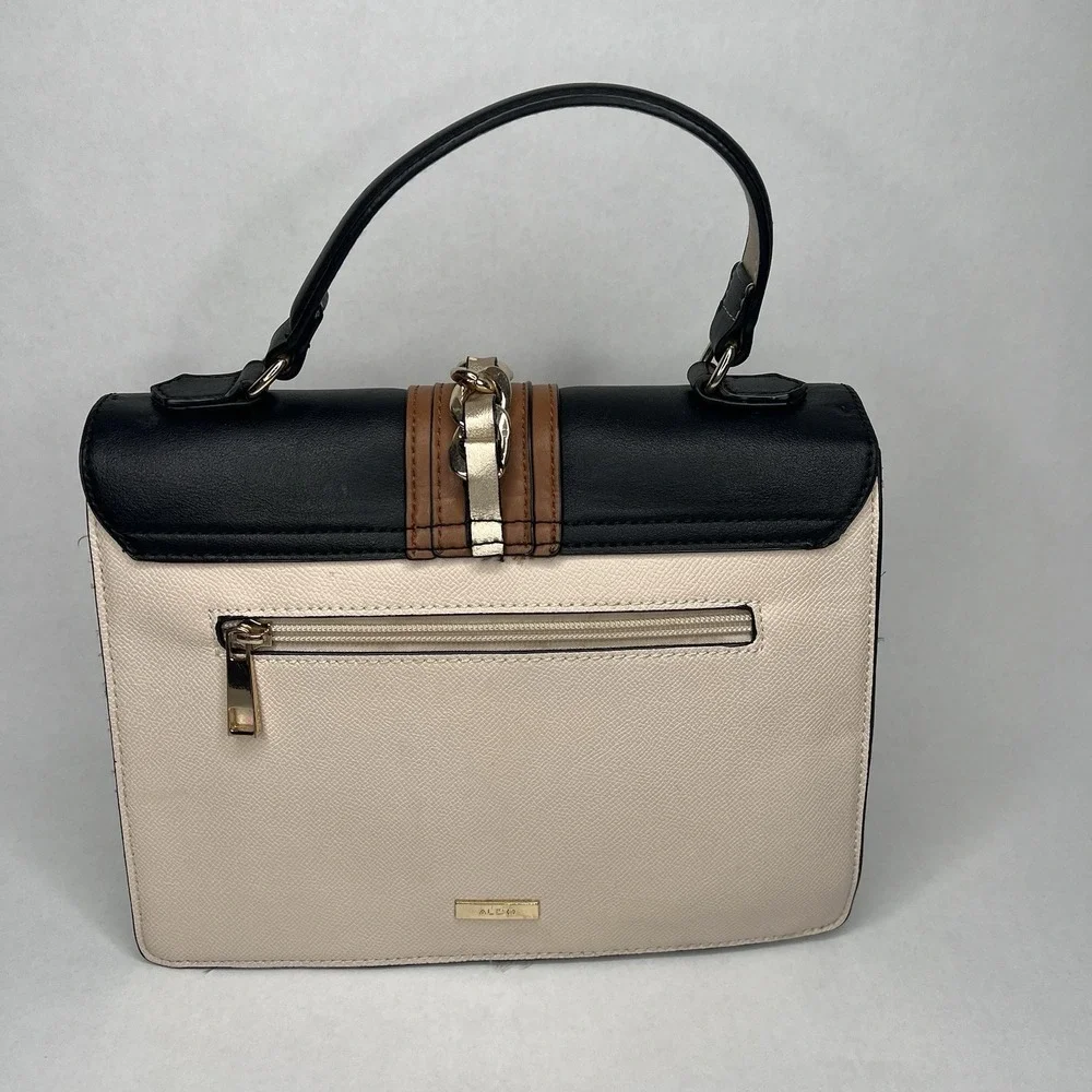 Aldo Handbag Black Brown Cream Purse Satchel Crossbody Gold Accents Trendy Scarf